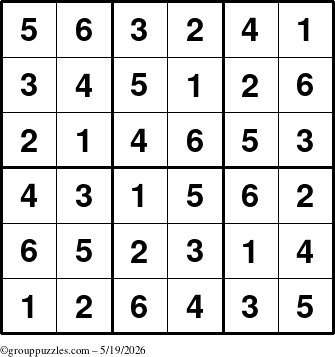 The grouppuzzles.com Answer grid for the Sudoku-6up puzzle for Tuesday May 19, 2026