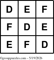 The grouppuzzles.com Answer grid for the TicTac-DEF puzzle for Tuesday May 19, 2026