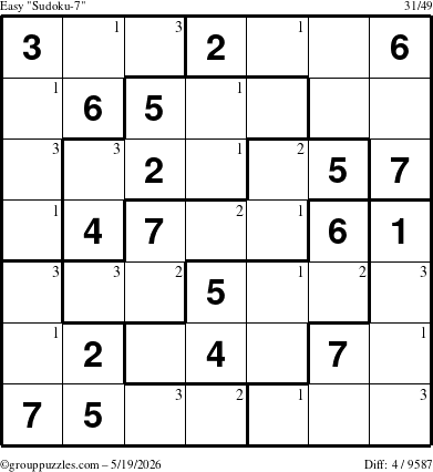 The grouppuzzles.com Easy Sudoku-7 puzzle for Tuesday May 19, 2026 with the first 3 steps marked