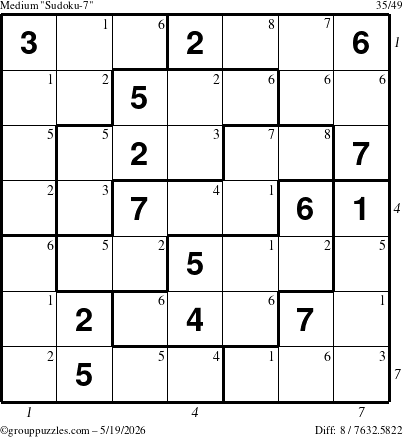 The grouppuzzles.com Medium Sudoku-7 puzzle for Tuesday May 19, 2026, suitable for printing, with all 8 steps marked