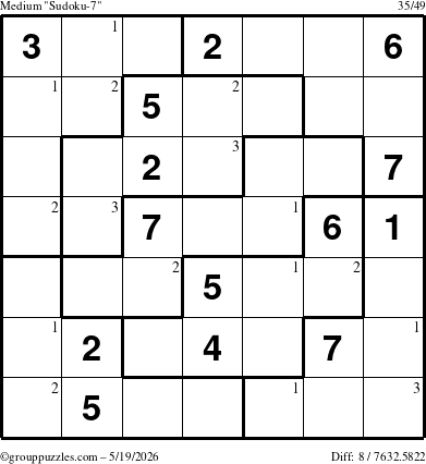 The grouppuzzles.com Medium Sudoku-7 puzzle for Tuesday May 19, 2026 with the first 3 steps marked