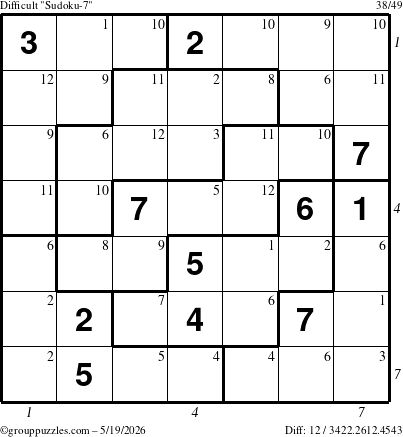 The grouppuzzles.com Difficult Sudoku-7 puzzle for Tuesday May 19, 2026, suitable for printing, with all 12 steps marked