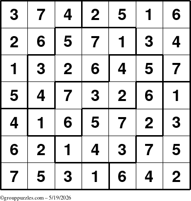 The grouppuzzles.com Answer grid for the Sudoku-7 puzzle for Tuesday May 19, 2026