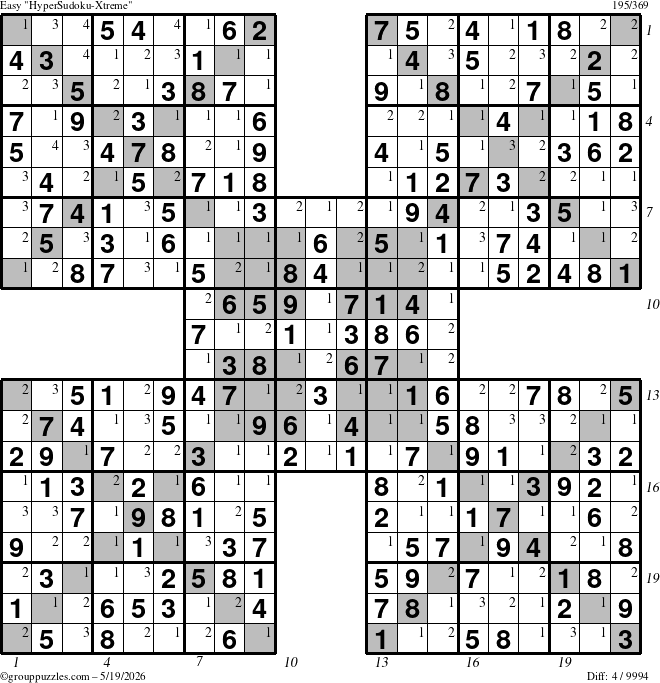The grouppuzzles.com Easy HyperSudoku-Xtreme puzzle for Tuesday May 19, 2026, suitable for printing, with all 4 steps marked