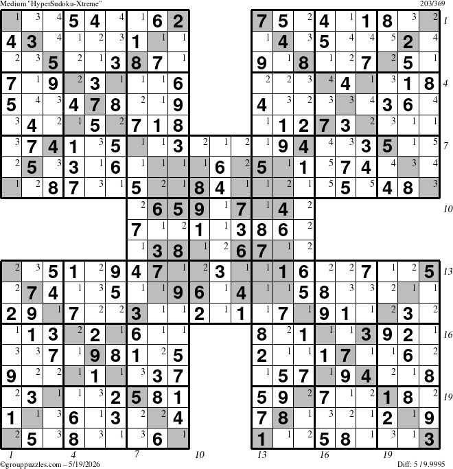 The grouppuzzles.com Medium HyperSudoku-Xtreme puzzle for Tuesday May 19, 2026, suitable for printing, with all 5 steps marked