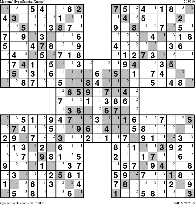 The grouppuzzles.com Medium HyperSudoku-Xtreme puzzle for Tuesday May 19, 2026 with the first 3 steps marked