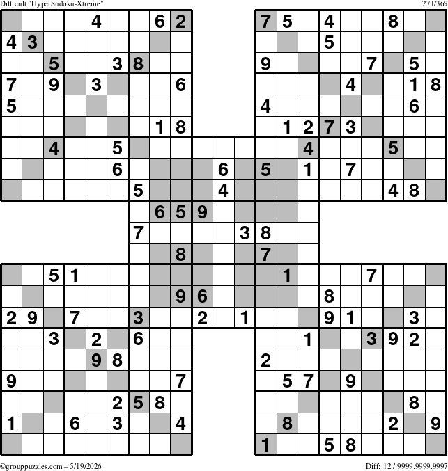 The grouppuzzles.com Difficult HyperSudoku-Xtreme puzzle for Tuesday May 19, 2026