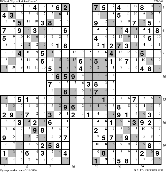 The grouppuzzles.com Difficult HyperSudoku-Xtreme puzzle for Tuesday May 19, 2026 with all 12 steps marked