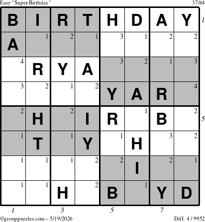 The grouppuzzles.com Easy Super-Birthday puzzle for Tuesday May 19, 2026 with all 4 steps marked