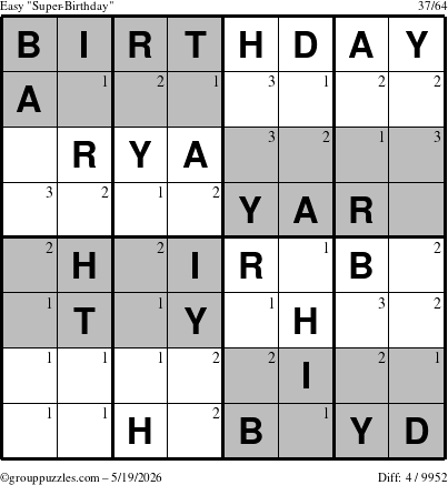 The grouppuzzles.com Easy Super-Birthday puzzle for Tuesday May 19, 2026 with the first 3 steps marked