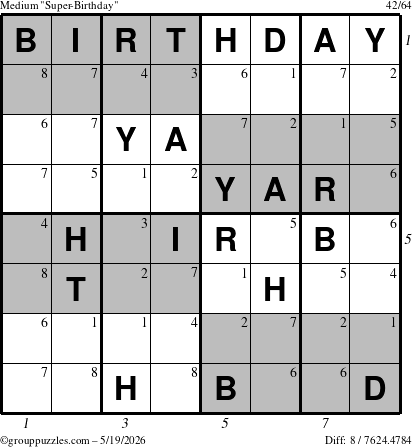 The grouppuzzles.com Medium Super-Birthday puzzle for Tuesday May 19, 2026, suitable for printing, with all 8 steps marked