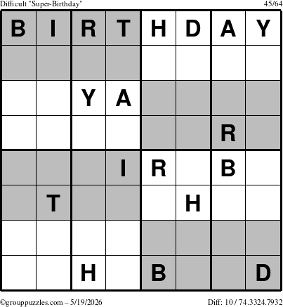 The grouppuzzles.com Difficult Super-Birthday puzzle for Tuesday May 19, 2026