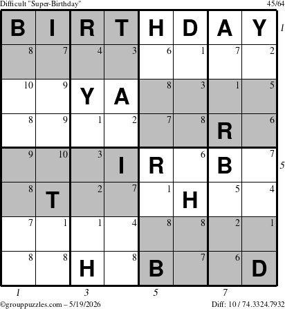 The grouppuzzles.com Difficult Super-Birthday puzzle for Tuesday May 19, 2026, suitable for printing, with all 10 steps marked