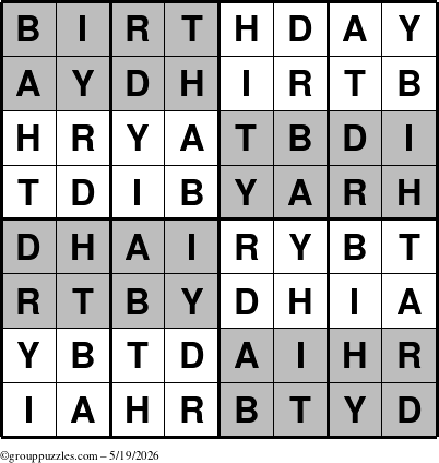 The grouppuzzles.com Answer grid for the Super-Birthday puzzle for Tuesday May 19, 2026