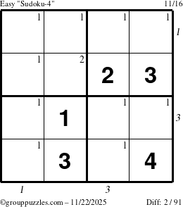 The grouppuzzles.com Easy Sudoku-4 puzzle for Saturday November 22, 2025 with all 2 steps marked