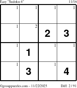 The grouppuzzles.com Easy Sudoku-4 puzzle for Saturday November 22, 2025 with the first 2 steps marked