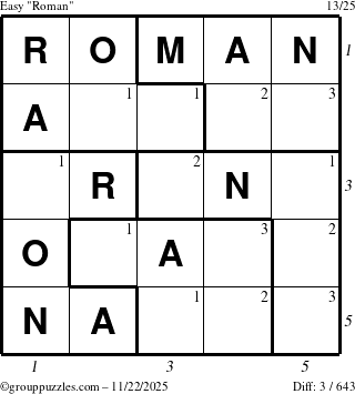 The grouppuzzles.com Easy Roman puzzle for Saturday November 22, 2025, suitable for printing, with all 3 steps marked