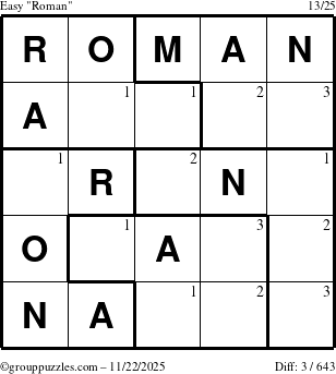 The grouppuzzles.com Easy Roman puzzle for Saturday November 22, 2025 with the first 3 steps marked