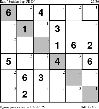 The grouppuzzles.com Easy Sudoku-6up-UR-D puzzle for Saturday November 22, 2025 with the first 3 steps marked