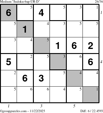The grouppuzzles.com Medium Sudoku-6up-UR-D puzzle for Saturday November 22, 2025, suitable for printing, with all 6 steps marked