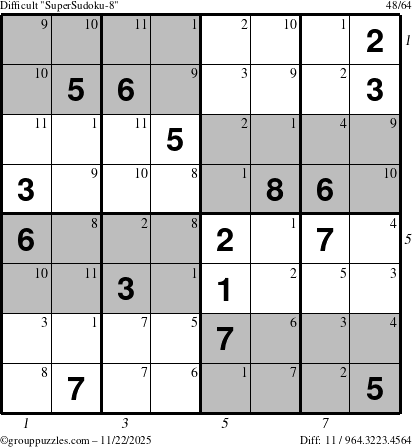 The grouppuzzles.com Difficult SuperSudoku-8 puzzle for Saturday November 22, 2025, suitable for printing, with all 11 steps marked