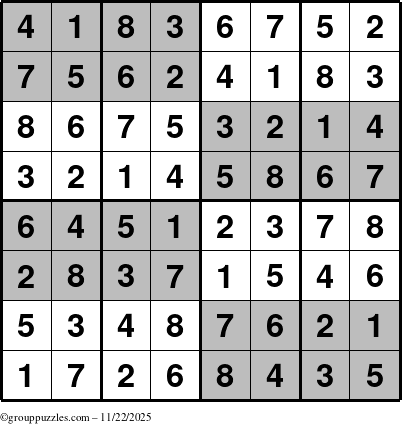 The grouppuzzles.com Answer grid for the SuperSudoku-8 puzzle for Saturday November 22, 2025