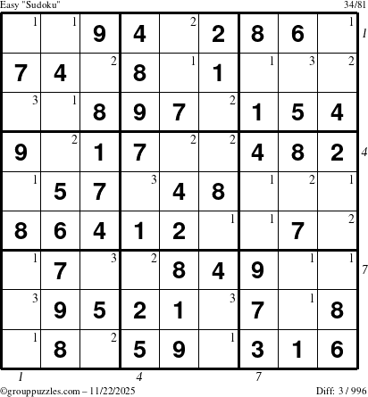 The grouppuzzles.com Easy Sudoku puzzle for Saturday November 22, 2025 with all 3 steps marked