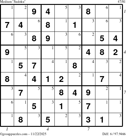 The grouppuzzles.com Medium Sudoku puzzle for Saturday November 22, 2025, suitable for printing, with all 6 steps marked