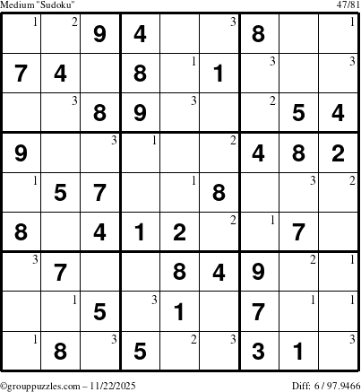The grouppuzzles.com Medium Sudoku puzzle for Saturday November 22, 2025 with the first 3 steps marked