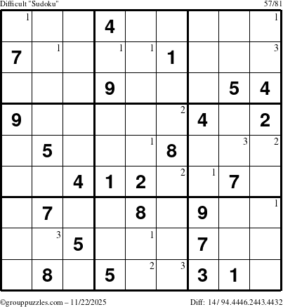 The grouppuzzles.com Difficult Sudoku puzzle for Saturday November 22, 2025 with the first 3 steps marked