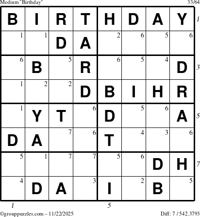 The grouppuzzles.com Medium Birthday puzzle for Saturday November 22, 2025 with all 7 steps marked