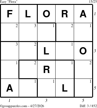 The grouppuzzles.com Easy Flora puzzle for Monday April 27, 2026, suitable for printing, with all 3 steps marked