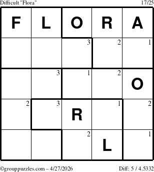 The grouppuzzles.com Difficult Flora puzzle for Monday April 27, 2026 with the first 3 steps marked