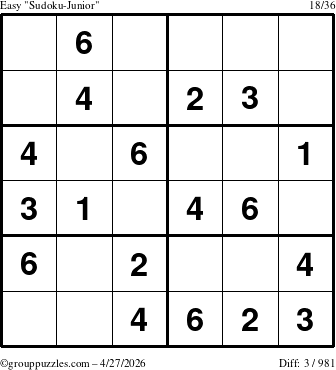The grouppuzzles.com Easy Sudoku-Junior puzzle for Monday April 27, 2026