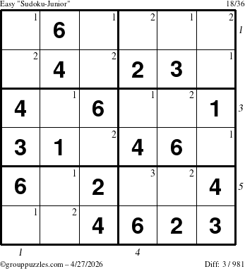 The grouppuzzles.com Easy Sudoku-Junior puzzle for Monday April 27, 2026 with all 3 steps marked