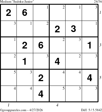 The grouppuzzles.com Medium Sudoku-Junior puzzle for Monday April 27, 2026, suitable for printing, with all 5 steps marked