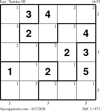 The grouppuzzles.com Easy Sudoku-5B puzzle for Monday April 27, 2026 with all 3 steps marked