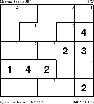 The grouppuzzles.com Medium Sudoku-5B puzzle for Monday April 27, 2026 with the first 3 steps marked