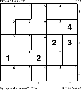 The grouppuzzles.com Difficult Sudoku-5B puzzle for Monday April 27, 2026, suitable for printing, with all 6 steps marked