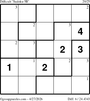 The grouppuzzles.com Difficult Sudoku-5B puzzle for Monday April 27, 2026 with the first 3 steps marked