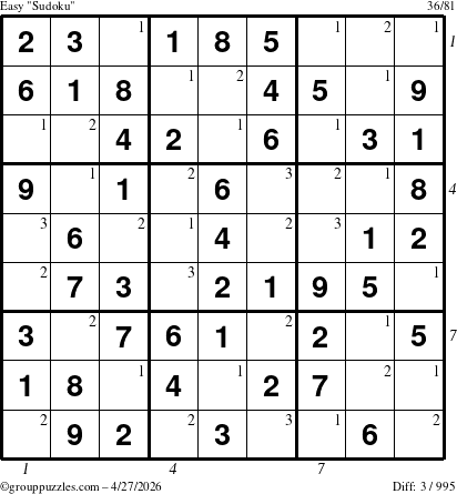 The grouppuzzles.com Easy Sudoku puzzle for Monday April 27, 2026 with all 3 steps marked