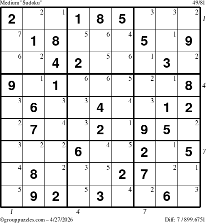 The grouppuzzles.com Medium Sudoku puzzle for Monday April 27, 2026, suitable for printing, with all 7 steps marked