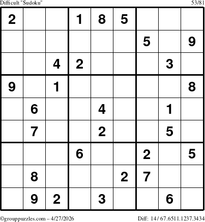 The grouppuzzles.com Difficult Sudoku puzzle for Monday April 27, 2026