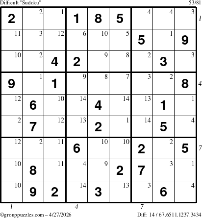 The grouppuzzles.com Difficult Sudoku puzzle for Monday April 27, 2026 with all 14 steps marked