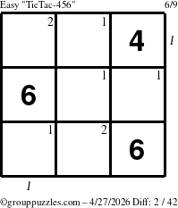 The grouppuzzles.com Easy TicTac-456 puzzle for Monday April 27, 2026 with all 2 steps marked