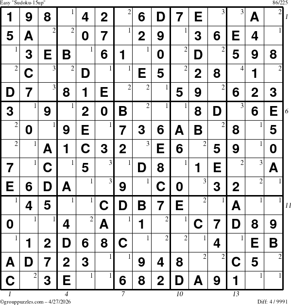 The grouppuzzles.com Easy Sudoku-15up puzzle for Monday April 27, 2026, suitable for printing, with all 4 steps marked