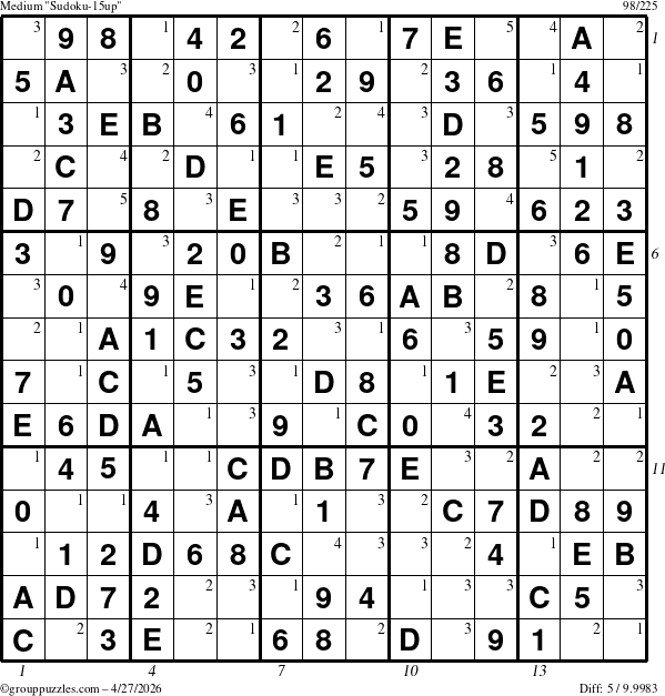 The grouppuzzles.com Medium Sudoku-15up puzzle for Monday April 27, 2026, suitable for printing, with all 5 steps marked