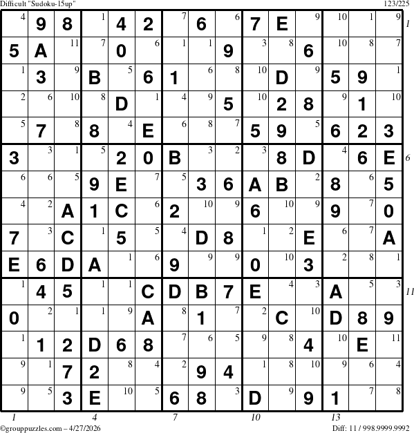 The grouppuzzles.com Difficult Sudoku-15up puzzle for Monday April 27, 2026, suitable for printing, with all 11 steps marked
