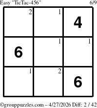 The grouppuzzles.com Easy TicTac-456 puzzle for Monday April 27, 2026 with the first 2 steps marked