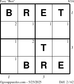 The grouppuzzles.com Easy Bret puzzle for Sunday May 25, 2025 with all 2 steps marked